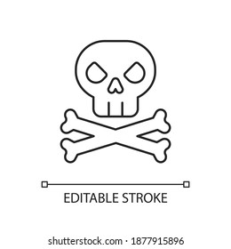 Game over linear icon. Player death or loss sign. Computer virus, danger thin line customizable illustration. Contour symbol. Skull and bones vector isolated outline drawing. Editable stroke