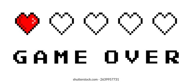 Game over with low health pixelated hearts illustration