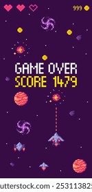 Mensaje de Game Over con una puntuación final de 1479. Incluye corazones, naves espaciales, planetas y asteroides en un estilo de pixel art. Ideal para juegos retro, temas espaciales, pantallas de marcador, pixel art