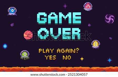 Game over message in a pixel art style with colorful alien characters, planets, and stars on a dark space background. Ideal for retro games, space themes, arcade games, pixel art, and 8-bit design