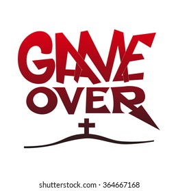 Game over message vector lettering. Sign of defeat in game with grave cross silhouette.