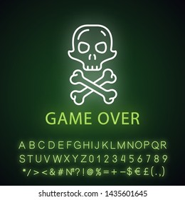 Game over neon light icon. Virtual video game end, failure. Skull with crossbones. Esports, cybersports sign. Game fail, loser. Glowing alphabet, numbers and symbols. Vector isolated illustration