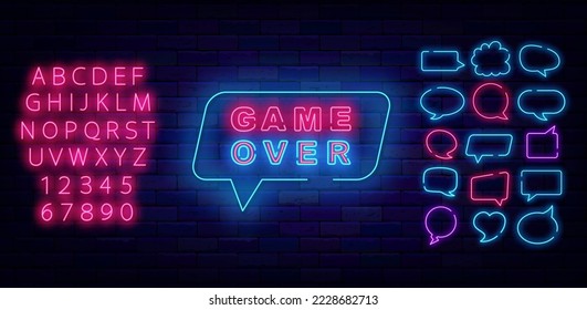Game over neon signboard. Speech bubble frames set. Lose concept. Luminous pink font. Glowing advertising. Game design. Virtual reality concept. Shiny banner. Vector stock illustration