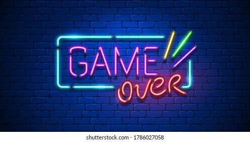 Game Over. Neon Text Sign with a Brick Wall Background. Design template. Trendy Night neon signboard bright advertising banner light art. Vector illustration.