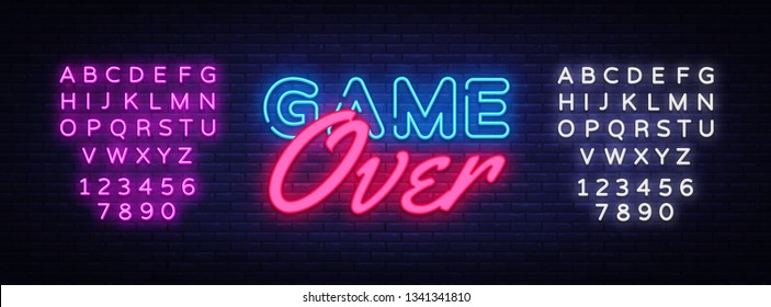 Game Over Neon Text Vector. Game Over neon sign, Gaming design template, modern trend design, night neon signboard, night bright advertising, light banner, light art. Vector. Editing text neon sign