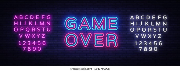 Game Over Neon Text Vector. Game Over neon sign, Gaming design template, modern trend design, night neon signboard, night bright advertising, light banner, light art. Vector. Editing text neon sign