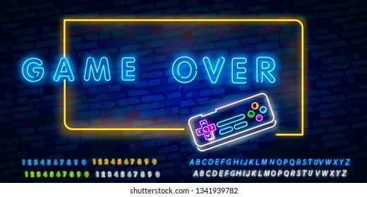 Game Over Neon Text Vector. Game Over neon sign, Gaming design template, modern trend design, night neon signboard, night bright advertising, light banner, light art. Vector illustration