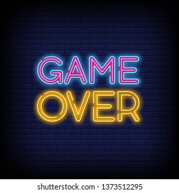 Game Over Neon Text Vector with a Brick Wall Background design template  modern trend design  night neon signboard  night bright advertising  light banner  light art. Vector Illustration