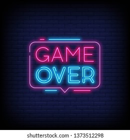 Game Over Neon Text Vector with a Brick Wall Background design template  modern trend design  night neon signboard  night bright advertising  light banner  light art. Vector Illustration