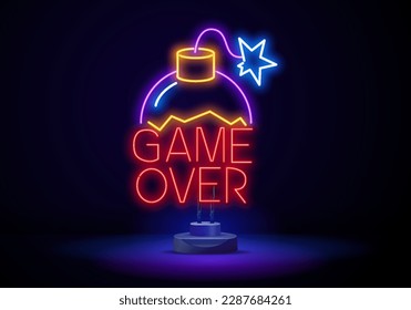 Game Over Neon Text Vector with a Brick Wall Background design template modern trend design night neon signboard night bright advertising light banner light art. Vector Illustration