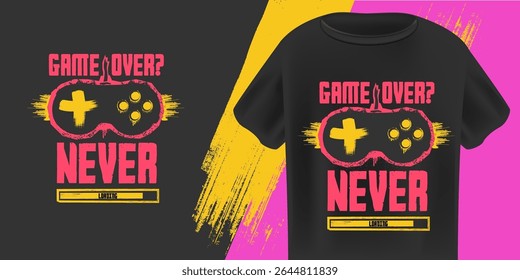Game Over Never T-Shirt Design Vector: Retro Gaming Controller with Grunge Texture and "Loading" Bar on Black Background, Ideal for Gamers and Youth Apparel. Gamers t shirt design template