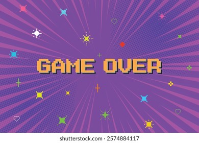 GAME OVER on purple background. pixel art. 8 bit game. retro game. for game assets in vector illustrations. Speed lines. Pop art