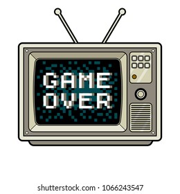 Game over on tv pop art retro vector illustration. Isolated image on white background. Comic book style imitation.