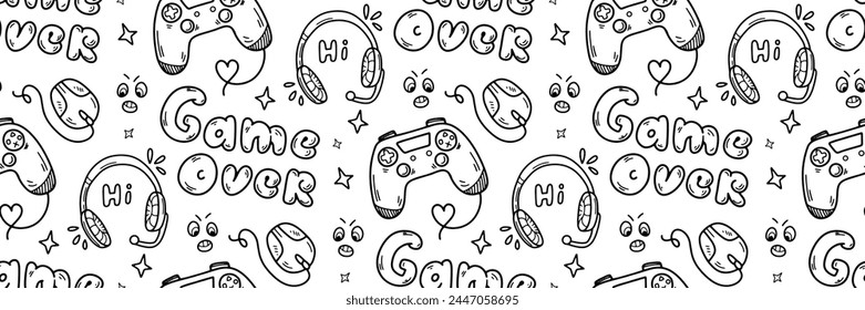 Game over pattern. Hand Drawn Doodle gamepad, headphones. Games, stream channel Background. Gadget icons Gaming print for boys and girls. Vector illustration