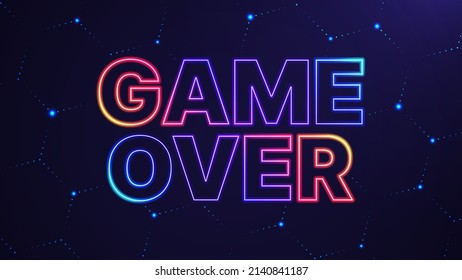 Game over phrase. Vector illustration of neon colored text over abstract hexagon background for your design