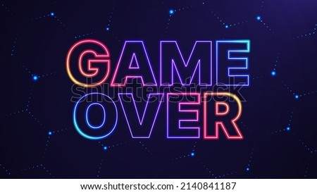 Game over phrase. Vector illustration of neon colored text over abstract hexagon background for your design
