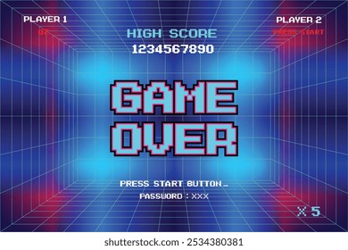 GAME OVER. pixel art. juego de 8 bits. juego retro. para activos de juego. fondo de ciencia ficción de futurismo retro. rejilla de neón brillante. y estrellas de juegos de computadora arcade vintage