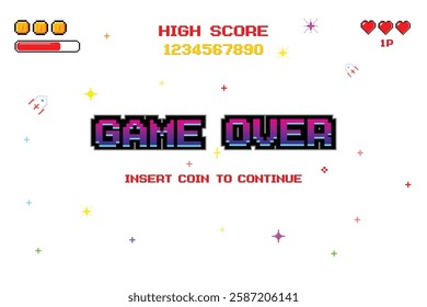 GAME OVER. pixel art .8 bit game. retro game. for game assets. on white background.