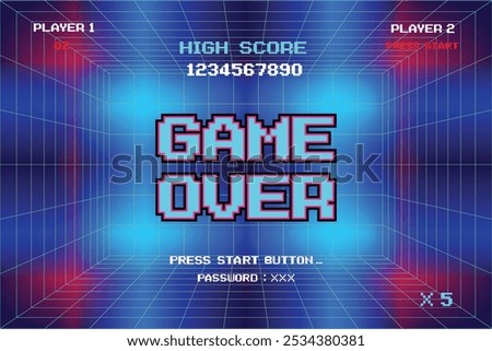 GAME OVER. pixel art .8 bit game. retro game. for game assets .Retro Futurism Sci-Fi Background. glowing neon grid. and stars from vintage arcade computer games