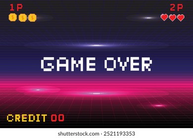 game over. Pixel art background.8 bit game. retro game. for game assets in vector illustrations. Retro Futurism Sci-Fi Background. glowing neon grid. and stars from vintage arcade comp