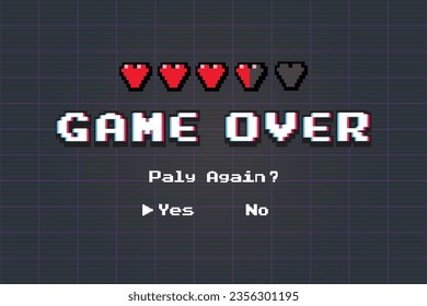 Game over pixel art design with hearts.pixel art .8 bit game.retro game. for game assets in vector illustrations.