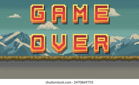 Game over Pixel art design with mountain landscape background. Colorful arcade screen for game design.