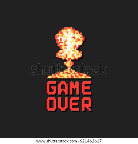 game over with pixel art explosion. concept of level final in virtual gaming or classic user interface for online videogames in pixelart style