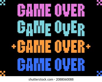 Game over, pixel art. Pixel text informing about the loss in the game. Text in 8-bit retro video game style from 80s - 90s. Design for printing, wrapping paper and advertising. Vector illustration
