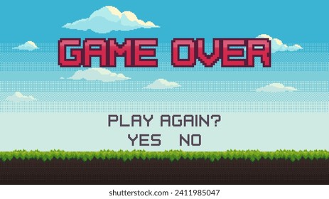 Game over pixel game background. Pixel art game scene with green grass against blue sky. Pixelated vector template for computer video game or app.