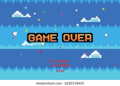 game over, pixel game background, nature landscape with blue sky and white clouds, 8 bit pixel video game, arcade interface and stars, computer game