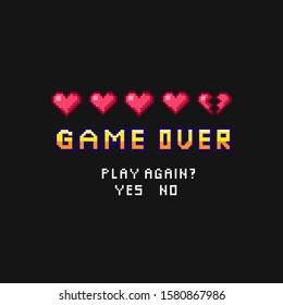 Game over pixel death screen with red hearts template vector illustration. Pixelated inscription asking person play again with answer options yes or no flat style concept