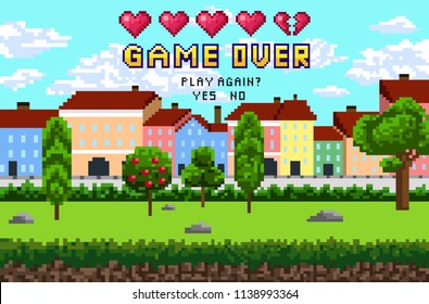 El juego sobre los píxeles es diseño con paisajes, cielo y árboles de la ciudad. Inscripción de Pixel "Juego terminado. ¿Juega otra vez?" con cinco corazones. Ilustración vectorial.