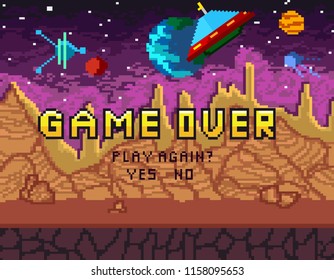 Game over pixel design with space background. Pixel inscription "Game over.Play again?" with five hearts. Vector illustration.