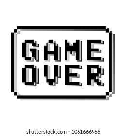 Game over pixel design stamp. Old video game text message. Vector illustration.