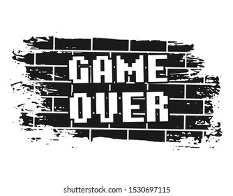 Game over pixel inscription on brick wall vector illustration in vintage monochrome style isolated on white background