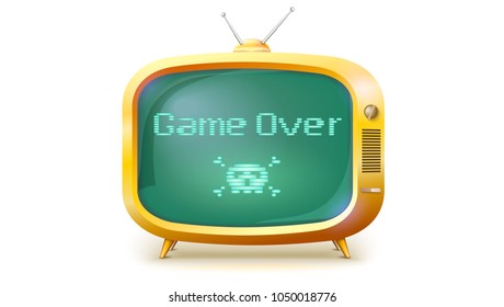 Game Over, Pixel Text, Skull And Bones On Screen. Yellow TV Set With Message. Retro Style Of TV Or Computer Game , 3D Illustration Isolated On White Background