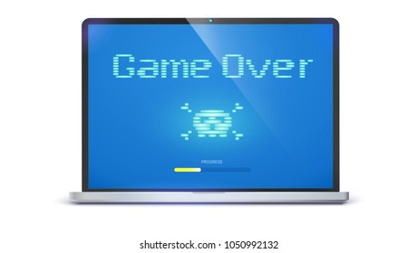 Game over, pixel text, skull and bones on screen. Laptop with message requiring attention. Retro style of TV or computer game , 3D illustration isolated on white background