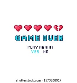 Game over pixelated death screen template vector illustration. Colorful inscription designed in pixels symbol asking gamer play again and suggesting answers options yes or no on white background