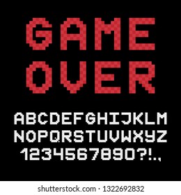 GAME OVER pixelated lettering. Retro 8-bit video game font. Vector.