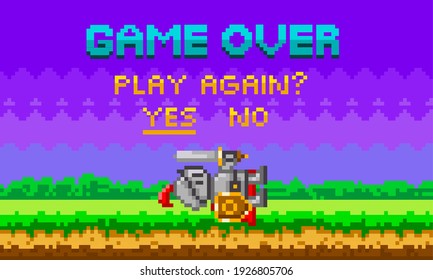 Game over pixel-game background with perished knight. Pixel art game scene with green grass and tall trees against purple sky, pixelated template for computer game or application with nature landscape