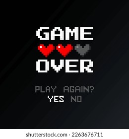 Game Over Play Again in cyber noise glitch design. Retro game backdrop. Glitched lines noise. VHS effect for your design.