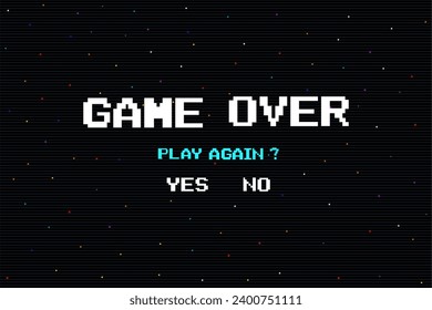 GAME OVER PLAY AGAIN YES, NO .pixel art .8 bit game. retro game. for game assets in vector illustrations.	