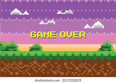 Game Over, players. pixel game background, natural landscape with blue sky, trees and green grass. Pixelated 8 bit video-game