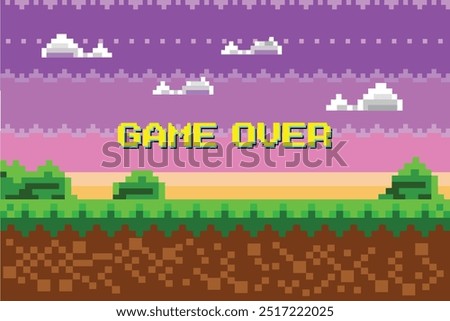 Game Over, players. pixel game background, natural landscape with blue sky, trees and green grass. Pixelated 8 bit video-game