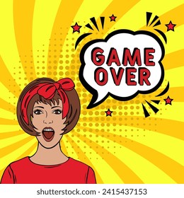 Game Over pop art. Game Over in comic pop art style. Game Over message in sound speech bubble in pop art style. Comic book explosion with text Game Over.
