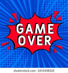 Juego sobre el arte pop. Fin del juego en el estilo de arte pop cómico. Mensaje Juego sobre en burbuja de voz sonora al estilo de arte pop. Explosión de historietas con el texto Juego Terminado.
