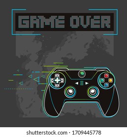 Game over poster. Gamer joystick illustration with pixels text and military background print for boy t shirt design. gamepad sign 