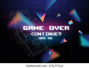 Game Over poster with lowpoly elements. Broken game controller. Creative gaming template.