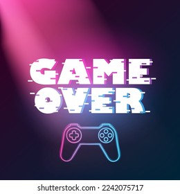 Game Over poster with lowpoly elements. Neon Game controller. hree color half-shifted letters. Retro vintage TV screen.