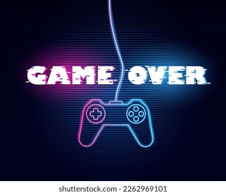 Game Over poster with lowpoly elements. Neon Game controller. hree color half-shifted letters. Retro vintage TV screen.